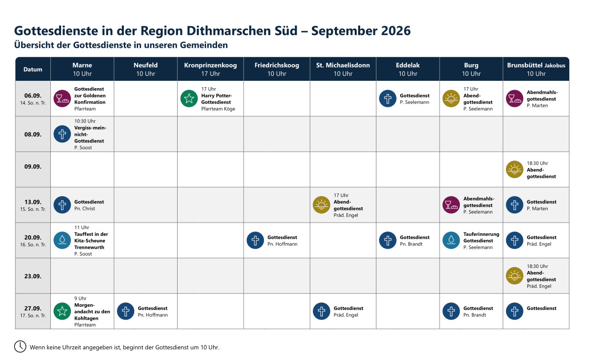 Eine Übersicht über alle Gottesdienste im Monat August 2026