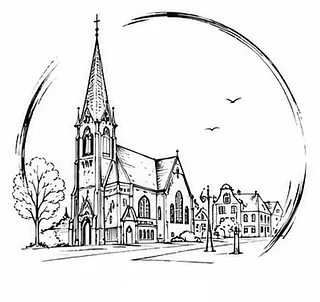 Zeichnung einer evangelischen Stadtkirche umgeben von Rathaus und Markt