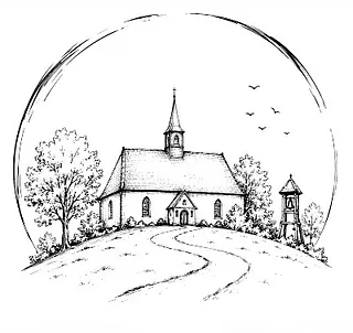 Zeichnung einer evangelischen Kirche auf einem Hügel mit Holzturm
